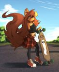 2023 absurd_res anthro apogee_(tinygaypirate) big_tail bottomwear breasts brown_eyes brown_hair canid canine canis clenched_teeth clothed clothing cloud domestic_dog ear_flop female footwear fully_clothed hair hi_res holding_object holding_skateboard inner_ear_fluff long_hair looking_aside mammal navel outside plant shoes skateboard skirt sky small_breasts sneakers solo tail tattoo teeth tinygaypirate topwear tree tuft 