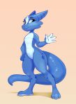  2023 2_horns 3_toes 4_fingers anthro big_tail blue_body blue_scales blue_skin blue_tail claws digital_media_(artwork) eyelashes feet female fingers hi_res horn kittytitikitty kobold long_tail scales scalie simple_background smile solo tail thick_thighs toe_claws toes 