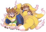  3boys all_fours animal_ears animal_hands baby baby_luigi baby_mario black_eyes blue_eyes brown_footwear brown_hair claws copyright_request facial_hair fox_ears fox_tail gloves green_headwear green_shirt hat highres jinji_(pixiv_94305117) kitsune kitsune_luigi luigi lying lying_on_person multiple_boys mustache on_stomach open_mouth overalls raccoon_ears raccoon_tail red_headwear red_shirt shirt simple_background super_leaf super_leaf_(transformation) tail tanuki_mario white_background white_gloves worried 