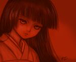  1girl black_hair blunt_bangs dated enma_ai hime_cut japanese_clothes jigoku_shoujo keinyan kimono long_hair parted_lips red_eyes red_theme signature simple_background solo 