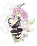  1girl belt black_skirt blush braid breasts cleavage demon_slayer_uniform full_body gradient_hair green_eyes green_hair green_thighhighs highres holding holding_sword holding_weapon kanroji_mitsuri katana kimetsu_no_yaiba large_breasts long_hair long_sleeves looking_at_viewer miniskirt mole mole_under_eye multicolored_hair nishieda open_clothes open_mouth pink_hair pleated_skirt shoes simple_background sketch skirt smile solo sword teeth thighhighs tongue tri_braids two-tone_hair weapon whip_sword white_background wide_sleeves 