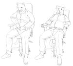  2021 anthro belly belt bottomwear cettus chair clothing cougar dress_shirt felid feline footwear furniture holding_belt holding_object male mammal office_chair on_chair pants sequence shirt shoes sitting sitting_on_chair sketch slightly_chubby slightly_chubby_anthro slightly_chubby_male tight_clothing topwear 