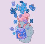  1girl backpack bag blue_butterfly bug butterfly constellation crescent_moon cropped_torso drinking_straw facing_away highres hood hoodie liquid medium_hair meyoco moon original pink_hair purple_background simple_background solo star_(sky) transparent upper_body 