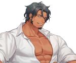  1boy bara character_request collared_shirt copyright_request facial_hair goatee ina_zuma large_pectorals long_sideburns looking_at_viewer male_focus mature_male muscular muscular_male partially_unbuttoned pectorals seductive_smile shirt short_hair sideburns sleeves_rolled_up smile solo thick_eyebrows unfinished white_background 