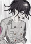  1boy :d black_hair blush buttons chain collarbone danganronpa_(series) danganronpa_v3:_killing_harmony double-breasted flipped_hair grey_background grey_jacket hair_between_eyes highres jacket male_focus no_scarf oma_kokichi open_mouth pale_skin short_hair smile solo sweat upper_body wa_noko white_background 