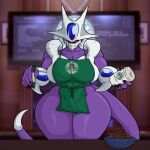  absurd_res alien apron apron_only big_breasts breasts cleavage clothed clothing container cooler_(dragon_ball) crossgender cup female hi_res holding_container holding_cup holding_object methados mtf_crossgender not_furry solo starbucks thick_thighs wide_hips 