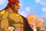  1girl 2boys abs bara bare_pectorals blush breast_envy colored_skin from_side ganondorf green_skin hadanugi_dousa highres huge_eyebrows large_areolae large_pectorals link looking_at_another looking_at_pectorals male_focus mature_male meme multiple_boys muscle_envy muscular muscular_male nipples pectoral_envy_(meme) pectorals princess_zelda sanpaku stormcallart the_legend_of_zelda the_legend_of_zelda:_tears_of_the_kingdom yaoi 