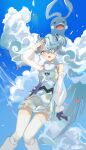  1girl :d altaria arm_up bare_shoulders blue_dress blue_gloves blue_nails blue_sky blush cloud commentary_request crossover day detached_sleeves dress feet_out_of_frame flying_miku_(project_voltage) gloves grey_hair hair_between_eyes haruri hatsune_miku highres knees_together_feet_apart long_sleeves looking_at_viewer nail_polish outdoors pokemon project_voltage puffy_long_sleeves puffy_sleeves see-through see-through_sleeves short_eyebrows short_shorts shorts single_glove sky sleeveless sleeveless_dress smile thick_eyebrows vocaloid white_shorts 