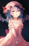  1girl ar_(maeus) bat_wings blue_hair dress frilled_sleeves frills hair_between_eyes hat hat_ribbon highres medium_hair mob_cap pink_dress pink_headwear red_eyes red_ribbon remilia_scarlet ribbon short_sleeves solo tongue tongue_out touhou upper_body wings wrist_cuffs 