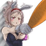  1girl :o animal_ears bare_shoulders battle_bunny_riven black_leotard black_necktie breasts carrot cleavage detached_collar fake_animal_ears gloves grey_gloves grey_hair holding holding_carrot large_breasts league_of_legends leotard lolboja necktie ponytail rabbit_ears red_eyes riven_(league_of_legends) short_necktie solo translation_request upper_body v-shaped_eyebrows white_background 