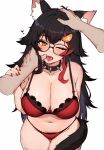  1boy 1girl animal_ear_fluff animal_ears black_hair blush breasts highres hololive large_breasts long_hair multicolored_hair ookami_mio pubic_hair pubic_hair_peek red_hair streaked_hair tail variant_set varniskarnis virtual_youtuber wolf_ears wolf_girl wolf_tail 