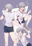  1boy blue_shorts grey_hair highres looking_at_viewer male_focus multicolored_background nagisa_kaworu neon_genesis_evangelion open_mouth purple_background red_eyes shirt short_hair short_sleeves shorts solo sparkle spiked_hair translation_request triangle white_background white_shirt yuki_fumuke 