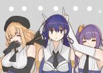  ... 3girls :d arm_under_breasts arms_up assault_lily bare_shoulders beret black_gloves black_headwear black_necktie black_ribbon blonde_hair blue_hair blue_shirt bow breasts bunny_ears_prank closed_eyes closed_mouth collared_shirt commentary_request detached_sleeves elbow_gloves gloves green_eyes grey_background grey_eyes grin hair_between_eyes hair_bow hair_ribbon hand_to_own_mouth hat hayami_katsura high_ponytail highres jitome kawanabe_nazuna large_breasts laughing light_blush long_hair looking_at_viewer low_ponytail low_twintails meme_(lm0009aetklim) multiple_girls necktie odaiba_girls_high_school_uniform open_mouth orange_bow purple_hair ribbon school_uniform shirt short_necktie side-by-side side_ponytail simple_background sleeveless sleeveless_shirt smile takehisa_nakaba tearing_up teeth twintails two-tone_shirt upper_body upper_teeth_only v-shaped_eyebrows white_gloves white_shirt 