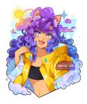 1girl :d animal_ear_fluff animal_ears bandeau cat_ears commentary commission curly_hair dark_skin fangs highres jacket long_hair looking_at_viewer midriff navel open_clothes open_jacket open_mouth original purple_hair sandragh smile solo stomach strapless tube_top upper_body yellow_jacket 