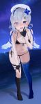 1girl :d \||/ absurdres adapted_costume amane_kanata amane_kanata_(3rd_costume) angel_wings asymmetrical_legwear bare_arms bare_shoulders beret bikini black_bikini black_gloves black_socks blue_hair blue_thighhighs blush breasts collarbone commentary_request feathered_wings front-tie_bikini_top front-tie_top full_body gloves grey_hair groin halterneck hand_on_own_knee hand_to_own_mouth hat highres hololive jewelry kachikachipiroo leaning_forward looking_at_viewer medium_hair mini_wings mismatched_legwear multicolored_hair navel necklace night no_shoes nose_blush open_mouth outdoors partially_fingerless_gloves pov purple_eyes side-tie_bikini_bottom single_hair_intake sky small_breasts smile socks solo standing star_(symbol) star_necklace stomach streaked_hair swimsuit teeth thigh_strap thighhighs thighs uneven_legwear upper_teeth_only virtual_youtuber water wet white_headwear white_wings wings 