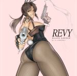  1girl aiming aiming_at_viewer animal_ears artist_name ass backless_leotard beretta_92 black_gloves black_lagoon black_leotard breasts brown_eyes brown_hair character_name copyright_name cross dual_wielding english_commentary erodrunky fake_animal_ears fake_tail finger_on_trigger fingerless_gloves fishnet_pantyhose fishnets gloves grin gun hair_intakes hair_pulled_back handgun highres holding holster large_breasts latin_cross leotard long_hair looking_back pantyhose pink_background playboy_bunny ponytail rabbit_ears revy_(black_lagoon) shoulder_holster shoulder_tattoo sideboob sidelocks smile smoke smoking_gun solo strapless strapless_leotard tail tattoo teeth thick_thighs thighs toned trigger_discipline weapon wrist_cuffs 