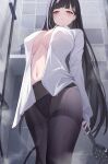  1girl absurdres bathroom black_hair black_panties black_pantyhose blue_archive blush breasts bright_pupils feet_out_of_frame highres hishiki_(pixi14719710) holding holding_shower_head large_breasts long_hair looking_at_viewer navel open_clothes open_shirt panties panties_under_pantyhose pantyhose red_eyes rio_(blue_archive) shirt shower_head solo stomach straight_hair tile_wall tiles underwear very_long_hair wet wet_clothes wet_shirt white_pupils white_shirt 