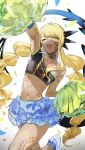  1girl blonde_hair body_markings cheering cheerleader chin_piercing dragon_horns dragon_tail fate/grand_order fate_(series) frilled_skirt frills highres horns la-na midriff mouth_veil navel one_eye_closed pom_pom_(cheerleading) skirt tail twintails veil vritra_(fate) yellow_eyes 