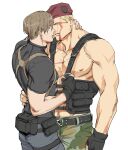  2boys bara belt beret black_belt black_gloves black_pants black_shirt blonde_hair blood blood_on_face brown_hair camouflage camouflage_pants couple fingerless_gloves gloves green_pants hat holster large_pectorals leon_s._kennedy male_focus multiple_boys muscular muscular_male nipples pants pectorals resident_evil resident_evil_4 resident_evil_4_(remake) shirt short_hair shoulder_holster simple_background tatsumi_(psmhbpiuczn) white_background yaoi 
