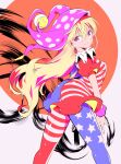  1girl absurdres american_flag_dress american_flag_legwear blonde_hair clownpiece dress hat highres ichizen_(o_tori) jester_cap long_hair neck_ruff pantyhose polka_dot polka_dot_headwear purple_headwear solo star_(symbol) star_print striped striped_dress striped_pantyhose touhou very_long_hair 