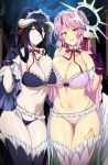  2girls albedo_(overlord) angel_wings arm_tattoo ass_visible_through_thighs asymmetrical_docking bare_shoulders bikini black_hair black_wings blurry blurry_background breast_press breasts cleavage closed_mouth collar collarbone commentary commission compass_rose_halo crossover demon_girl demon_horns detached_sleeves english_commentary feathered_wings frilled_bikini frills gloves gradient_hair green_hair groin hair_ribbon halo hand_up high_ponytail highleg highleg_bikini highres horns jibril_(no_game_no_life) leg_tattoo lindaroze long_hair looking_at_viewer low_wings multicolored_hair multiple_girls navel neck_ribbon no_game_no_life overlord_(maruyama) paid_reward_available parted_bangs pink_bikini pink_hair red_ribbon ribbon slit_pupils swimsuit tattoo thigh_gap thighhighs thighs twitter_username underboob very_long_hair watermark web_address white_wings wide_sleeves wings yellow_eyes 