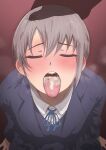  1girl absurdres after_fellatio blue_jacket blue_ribbon blue_vest blush breath closed_eyes cum cum_in_mouth grey_hair highres idolmaster idolmaster_cinderella_girls jacket neck_ribbon open_mouth otokura_yuuki pov pov_hands ribbon shirt short_hair silhouette solo sweatdrop tomawarinosuizou tongue tongue_out vest white_shirt 