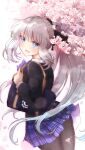  1girl alternate_costume bag black_bow black_jacket black_pantyhose blue_bow blue_bowtie blue_eyes blue_skirt bow bowtie chaldea_logo cherry_blossoms commentary_request fate/grand_order fate_(series) floating_hair flower grey_hair hair_bow highres jacket long_hair long_sleeves looking_at_viewer miniskirt morgan_le_fay_(fate) open_mouth pantyhose pink_flower plaid plaid_bow plaid_bowtie plaid_skirt pleated_skirt ponytail re_re9315 school_bag school_uniform short_hair sidelocks skirt smile solo thighs uniform very_short_hair 