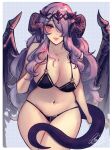  1girl bare_shoulders black_panties blush bra breasts camilla_(fire_emblem) cleavage dragon_girl dragon_horns dragon_tail fake_horns fire_emblem fire_emblem_fates hair_over_one_eye hand_on_own_chest highres hinahaii horns large_breasts long_hair looking_at_viewer panties purple_eyes purple_hair smile solo tail tiara underwear very_long_hair wavy_hair wide_hips 