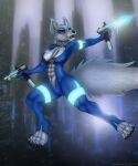  abs action anthro breasts canid canine canis city cleavage clothed clothing cyberpunk digital_media_(artwork) domestic_dog dual female furry future futuristic glowing gun hi_res jumping leap mammal neon night pose ranged_weapon shooting skinsuit solo tight_clothing weapon wielding wolf 