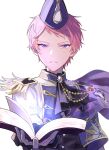  1boy ascot book buttons closed_mouth commentary ensemble_stars! epaulettes gloves hat highres holding holding_book itsuki_shu long_sleeves male_focus official_alternate_costume open_book pink_hair purple_eyes short_hair simple_background single_epaulette solo symbol-only_commentary upper_body wednesday_108 white_background white_gloves 