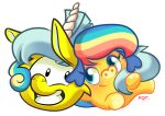  ambiguous_gender blue_eyes blue_hair blue_tail club_penguin duo feral fur glitterpants hair mammal moshi_monsters moshling mrs._snoodle multicolored_hair multicolored_tail on_model orange_body pepperqt puffle rainbow_hair rainbow_tail silly_snuffler smile snout tail toony toothy_grin yellow_body yellow_fur 