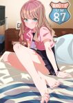  1girl absurdres bare_legs barefoot bed black_skirt blush bracelet closed_mouth collared_shirt feet foot_focus godai_01 green_eyes gridman_universe highres jewelry light_blush light_brown_hair long_hair looking_at_viewer minami_yume nail_polish necktie on_bed pillow pink_nails pink_shirt pleated_skirt poster_(object) purple_eyes school_uniform shirt shirt_tucked_in short_sleeves sidelocks sitting skirt solo ssss.dynazenon toes 
