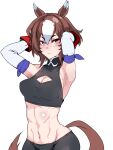  1girl animal_ears armpits arms_up bike_shorts black_shirt black_shorts breasts brown_eyes brown_hair cleavage_cutout closed_mouth clothing_cutout elbow_gloves frown gloves groin halterneck hands_in_hair high_collar highres horse_ears horse_girl horse_tail kamen_no_hito looking_at_viewer medium_breasts multicolored_hair muscular muscular_female navel shirt short_hair shorts simple_background sirius_symboli_(umamusume) sleeveless sleeveless_shirt solo standing tail two-tone_hair umamusume white_background white_gloves white_hair 
