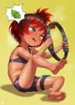  1girl barefoot blush born-to-die controller dark-skinned_female dark_skin facial_mark fang game_controller heavy_breathing highres open_mouth original red_eyes red_hair ring-con sitting soles solo sports_bra sweat toes yellow_background 