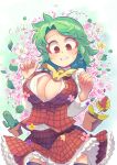  1girl breasts bursting_breasts carte contrapposto daisy dress floral_background flower frilled_skirt frills green_hair highres kazami_yuuka large_breasts looking_down petals plaid plaid_dress plaid_skirt plaid_vest popped_button red_eyes shirt short_hair skirt solo teeth thighhighs touhou vest white_flower 