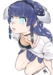  1girl blue_eyes blunt_bangs braid breasts choker coelacanth_(kemono_friends) collarbone downblouse eyelashes fins from_above head_fins kemono_friends kemono_friends_3 kishida_shiki kneeling leaning_forward lips long_hair medium_breasts multicolored_hair no_pupils parted_lips shirt short_sleeves side_braid simple_background solo twin_braids white_background white_shirt 