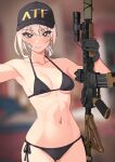  1girl absurdres assault_rifle atf bandaid bandaid_on_face baseball_cap bikini black_bikini black_headwear blurred_background grey_eyes gun hat highres holding holding_gun holding_weapon kuso_otoko navel original pink_hair rifle scope short_ponytail solo suppressor swimsuit weapon 