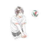  1boy absurdres artist_name ball brown_hair commentary_request cool_doji_danshi cowboy_shot dated fingernails highres ichikura_hayate male_focus nata_kokone parted_lips shirt short_hair short_sleeves simple_background solo volleyball volleyball_(object) white_background white_shirt 