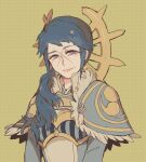  armor blue_hair cross_scar facing_viewer fire_emblem highres japanese_armor japanese_clothes long_hair looking_at_viewer masterpidies purple_eyes reina_(fire_emblem) scar scar_on_face side_ponytail upper_body yellow_background 