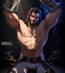 1boy abs armpit_hair arms_up artist_name bara beard belt black_belt black_hair chain chest_hair facial_hair large_pectorals league_of_legends looking_at_viewer male_focus marcus_(rnarccus) mature_male medium_hair muscular muscular_male navel nipples pants patreon_username pectorals restrained smile solo sylas_(league_of_legends) torn_clothes torn_pants 