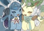  anthro areola blue_body blue_eyes blush breasts brown_eyes duo eeveelution featureless_crotch female generation_4_pokemon glaceon holowear_(pokemon) leafeon looking_at_viewer nintendo nipples open_mouth pokemon pokemon_(species) pokemon_unite pokemorph saamon_1010 tea_party_style_glaceon yellow_body 