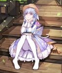  1girl absurdres blue_dress blue_eyes book brown_headwear commentary_request dress genshin_impact grey_hair highres kamisato_ayaka knees_up long_sleeves no_shoes nui_gurumi official_alternate_costume pantyhose short_hair sitting solo white_pantyhose 