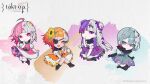  4girls ahoge aqua_eyes autumn_(takt_op.) black_gloves blue_eyes blue_flower blue_hair blunt_bangs chibi double_bun dress elbow_gloves eyepatch flower flower_trim food frilled_sleeves frills fruit gloves gradient_hair grapes grey_hair hair_bun hair_flower hair_ornament highres leaf_hair_ornament light_blue_hair long_hair long_sleeves looking_at_viewer makeup medium_hair mochizuki_kei mole mole_under_eye mole_under_mouth multicolored_hair multiple_girls nail_polish official_art orange_eyes orange_hair orange_skirt pink_dress pink_eyes pink_flower pink_hair pink_nails pink_skirt puffy_short_sleeves puffy_sleeves purple_dress purple_flower purple_hair red_flower red_hair short_hair short_sleeves skirt smile snowflake_hair_ornament spring_(takt_op.) summer_(takt_op.) takt_op._destiny two-tone_hair very_long_hair wavy_hair white_flower white_hair winter_(takt_op.) yellow_flower 