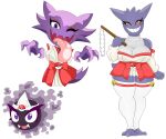  anthro armless blinking clothed clothing female gastly generation_1_pokemon gengar group haunter hi_res legless legwear nintendo pokeball pokemon pokemon_(species) purple_body purple_eyes red_eyes simple_background smile stockings tongue tongue_out trio tunic urusee584 white_background 