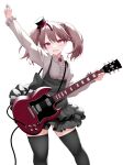  1girl brown_eyes brown_hair collared_shirt electric_guitar guitar highres holding holding_instrument instrument kantai_collection kirigakure_(kirigakure_tantei_jimusho) long_hair long_sleeves open_mouth ryuujou_(kancolle) shirt smile solo twintails white_shirt 