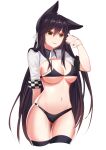  1girl absurdres animal_ears atago_(azur_lane) azur_lane bikini black_bikini black_eyes black_hair black_thighhighs breasts cleavage commentary_request hair_ribbon hand_up highres jiuchuansi large_breasts long_hair navel parted_lips ribbon short_sleeves shrug_(clothing) simple_background solo standing stomach swimsuit thighhighs thighs very_long_hair white_background white_ribbon 