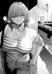  1girl blush breasts breath clothes_lift denim grey_hair greyscale highres ice_reizou jeans large_breasts lifted_by_self looking_at_viewer monochrome original outdoors pants people shirt shirt_lift smile striped striped_shirt sweatdrop tan tanlines 