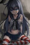  1girl akatsuki_(kancolle) bed black_hair black_neckerchief black_panties blue_eyes breasts closed_mouth cosplay crop_top eckert&amp;eich elbow_gloves empty_eyes gloves hairband highleg highleg_panties highres kantai_collection long_hair looking_at_viewer microskirt neckerchief on_bed panties pleated_skirt sailor_collar shimakaze_(kancolle) shimakaze_(kancolle)_(cosplay) sidelocks sitting skirt small_breasts solo striped striped_thighhighs thighhighs underwear very_long_hair white_gloves 