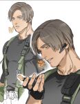  blue_eyes brown_hair bug butterfly closed_mouth earpiece fingerless_gloves gloves highres leon_s._kennedy light_smile muscular non-web_source pectorals resident_evil shirt tatsumi_(psmhbpiuczn) 
