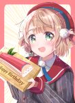  1girl absurdres animal_on_shoulder beret bird bird_on_shoulder birthday_cake blue_ribbon braid cake commentary cowlick dessert emphasis_lines food green_eyes grey_jacket hair_ornament hair_rings happy_birthday hat highres holding holding_plate indie_virtual_youtuber jacket light_brown_hair looking_at_viewer neck_ribbon okahara_(sgvz3735) open_mouth plate pom_pom_(clothes) pom_pom_hair_ornament red_headwear red_sailor_collar ribbon sailor_collar shigure_ui_(vtuber) shigure_ui_(vtuber)_(1st_costume) shirt short_hair smile solo striped striped_jacket vertical-striped_jacket vertical_stripes virtual_youtuber white_shirt wrist_cuffs 